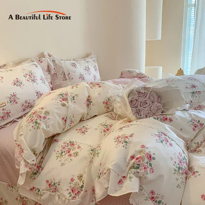 Decobites Princess Pastoral Cotton Bedding Set with Lace Ruffles & Floral Design