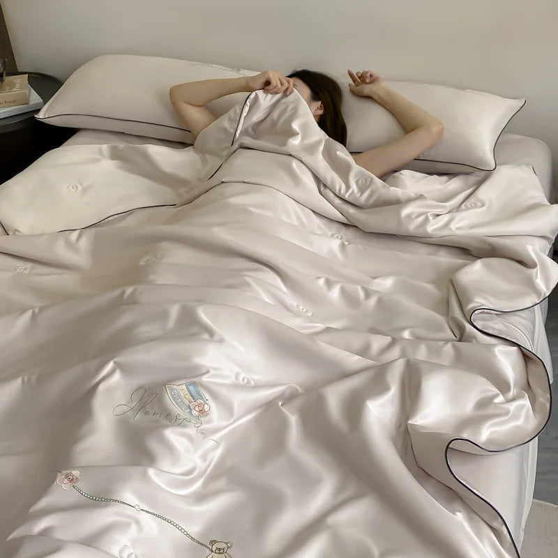 DecorBites™ Bear Floral Embroidery Summer Blanket Set with Cooling Feel