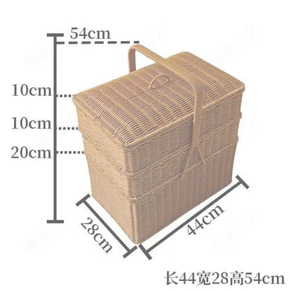 DecorBites™ Handwoven Rattan Picnic Basket with Lid and Rectangular Outdoor Storage