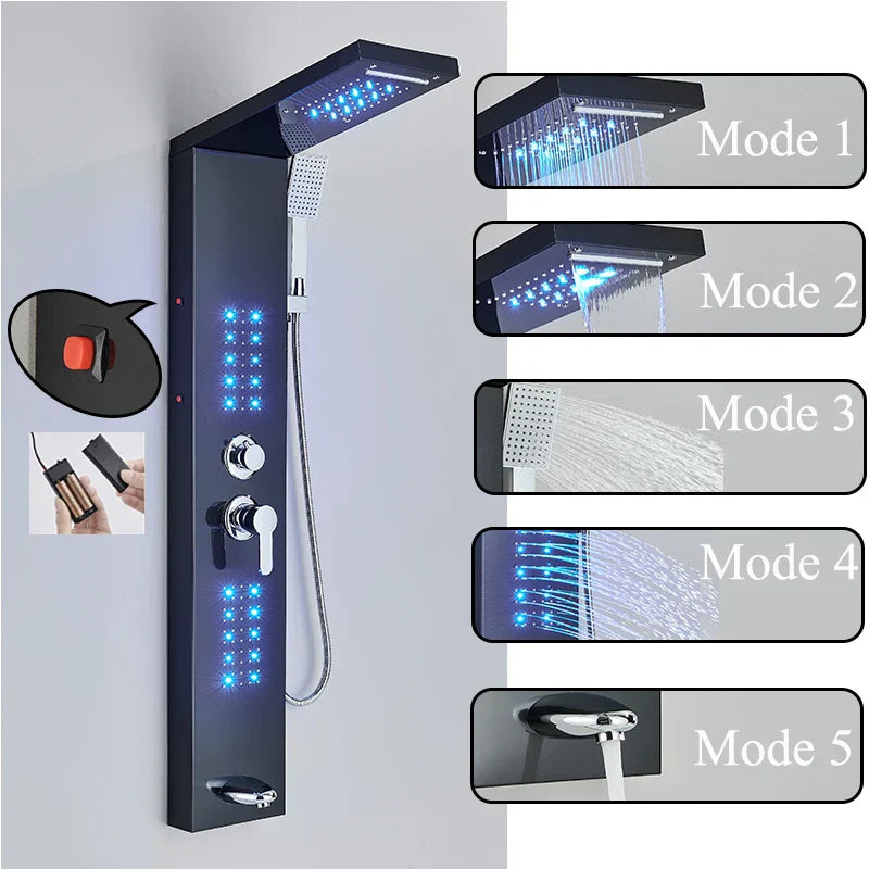 Panel de grifo de ducha DecorBites™ negro con LED, sistema de lluvia tipo cascada y caño de hidromasaje.
