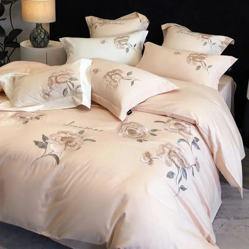 Decobites Flowers Embroidery Cotton Bedding Set Duvet Cover Flat Sheet Pillowcases 4Pcs