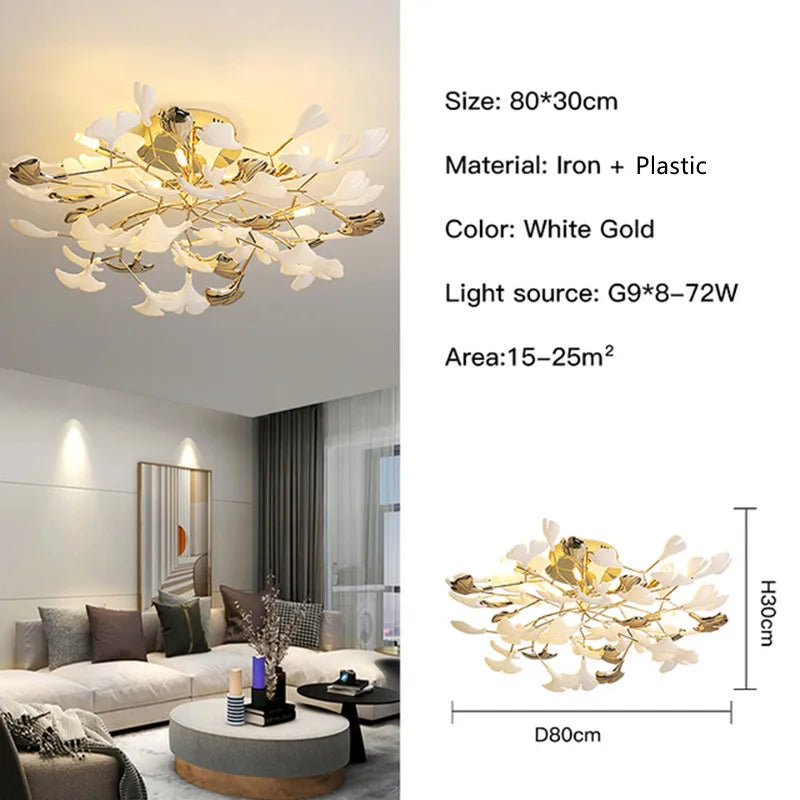 Lámpara colgante de ramas doradas Decorbites™ con hojas de porcelana - Decoración de lujo para sala de estar