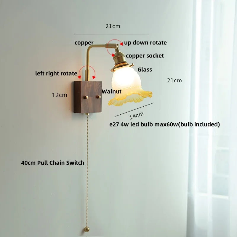 DecorBites™ Brass Walnut Wood LED Wall Sconce with Pull Chain Switch & Flower Glass