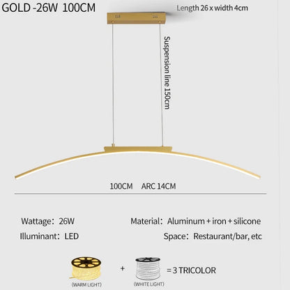 Modern Curved Bridge LED Pendant Light in Black or Gold
