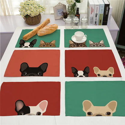 DecorBites™ Dog Cat Pattern Cotton Linen Dining Table Mats 32*42cm