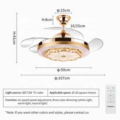 DecorBites™ Crystal Invisible Fan Lamp 42-Inch European Living Room Ceiling Fan Chandelier