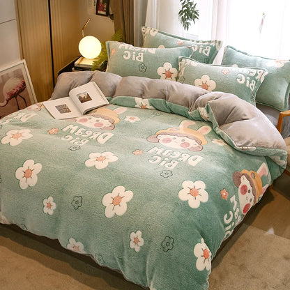 Decobites Flower Print Thicken Winter Warm Bedding Set with Sheet Pillowcases