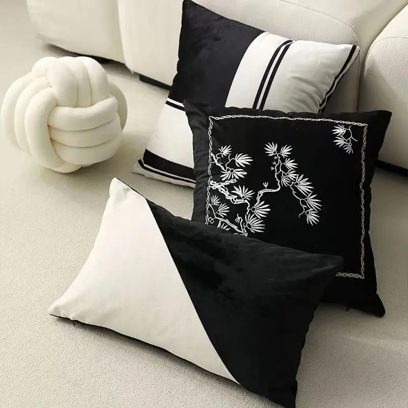 DecorBites™ Embroidered Black White Minimalist Cushion Cover Light Luxury Home Decor Pillow