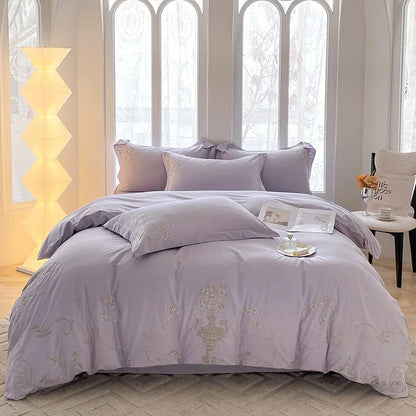 Decobites European Palace Style Flowers Embroidery Cotton Luxury Bedding Set with Duvet Cover, Sheets, Pillowcase