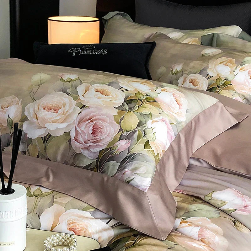 Decobites Luxury Floral Bedding Set with Lyocell Cotton Duvet Cover, Sheet, and Pillowcases