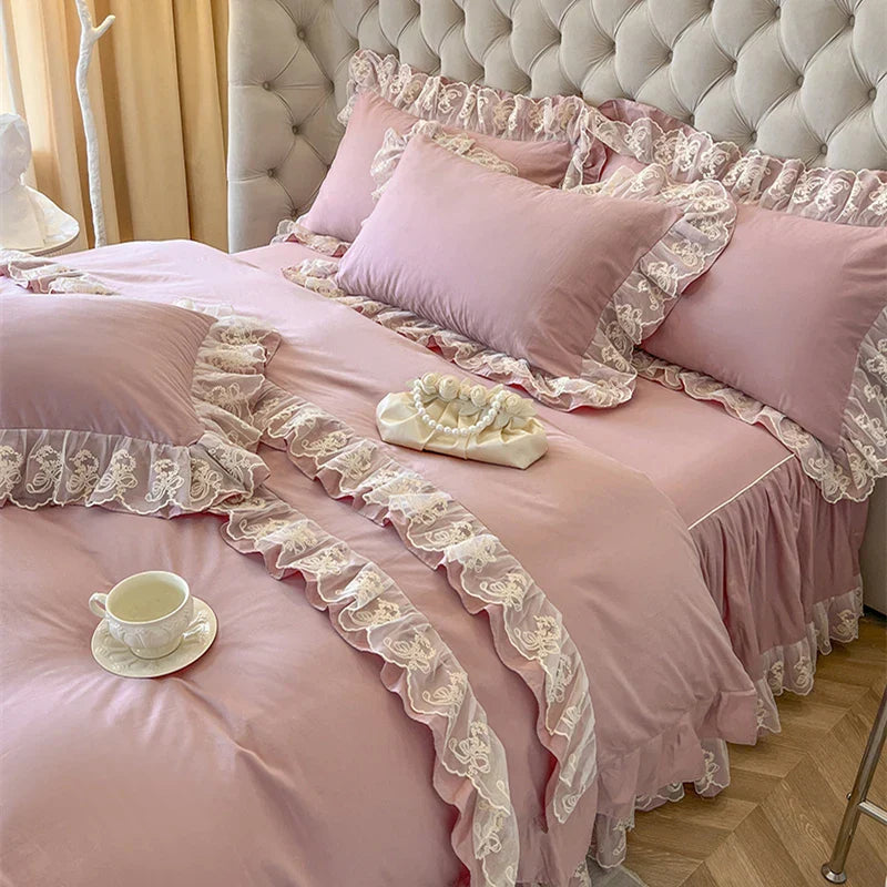 Decobites Korean Princess Lace Ruffles Bedding Set in Bean Paste Pink