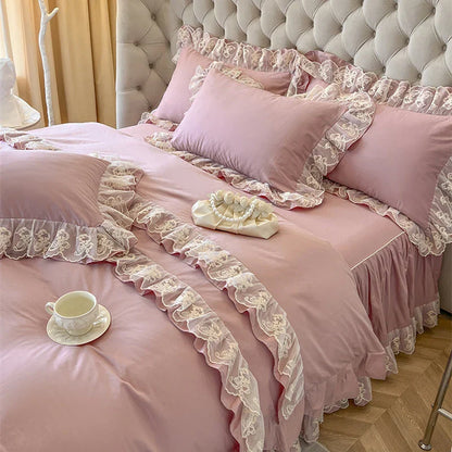 Decobites Korean Princess Lace Ruffles Bedding Set in Bean Paste Pink