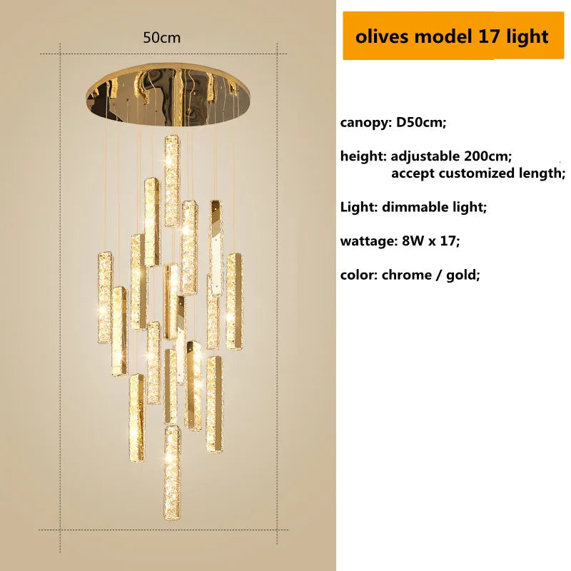 Luces de Lámpara Colgante de Cristal en Acero Cromo Dorado Decorbites™ con LED Regulable para Escalera de Villa