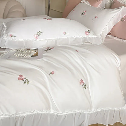 Decobites Rose Flowers Embroidery Lace Ruffles White Bedding Set - 100% Cotton Duvet Cover, Bed Sheet, Pillowcase