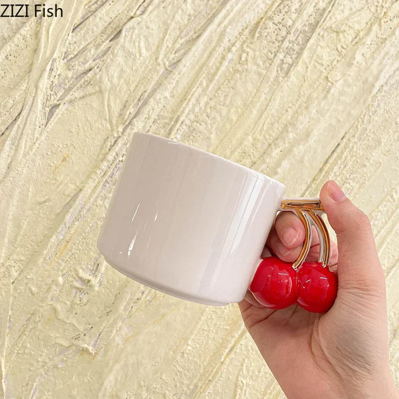 DecorBites™ Cherry Handle Mug: White Ceramic Tea & Coffee Cup for Dining Table