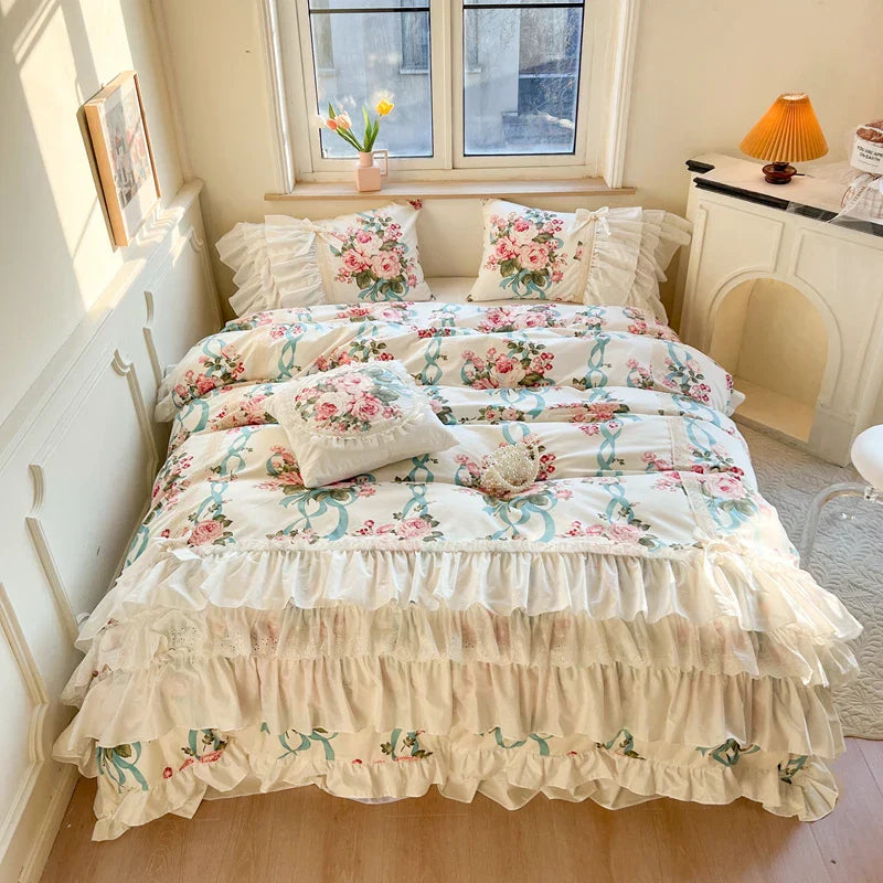 Decobites Princess Bedding Set with Lace Ruffles and Flowers