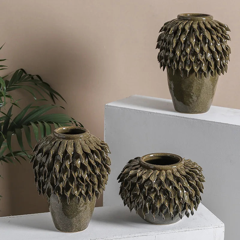 DecorBites™ Leaf Relief Ceramic Vase: Hand-made 3D Floral Arrangement Pot