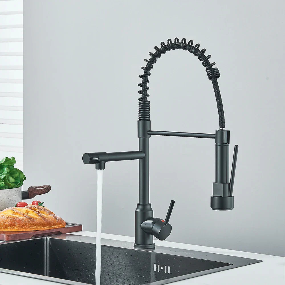 DecorBites™ Brass Kitchen Sink Faucet Pull Down Mixer Tap with Dual Spout Rotation
