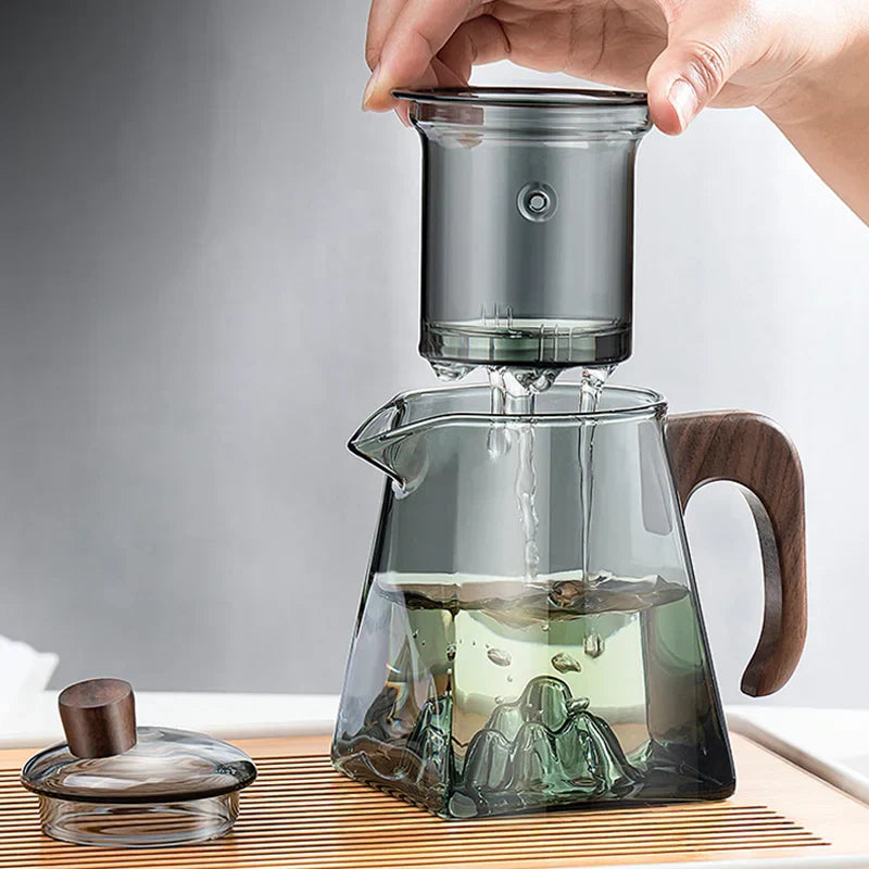 DecorBites™ Glass Teapot with Wood Handle, Heat Resistant Kung Fu Tea Kettle, Transparent Teaware