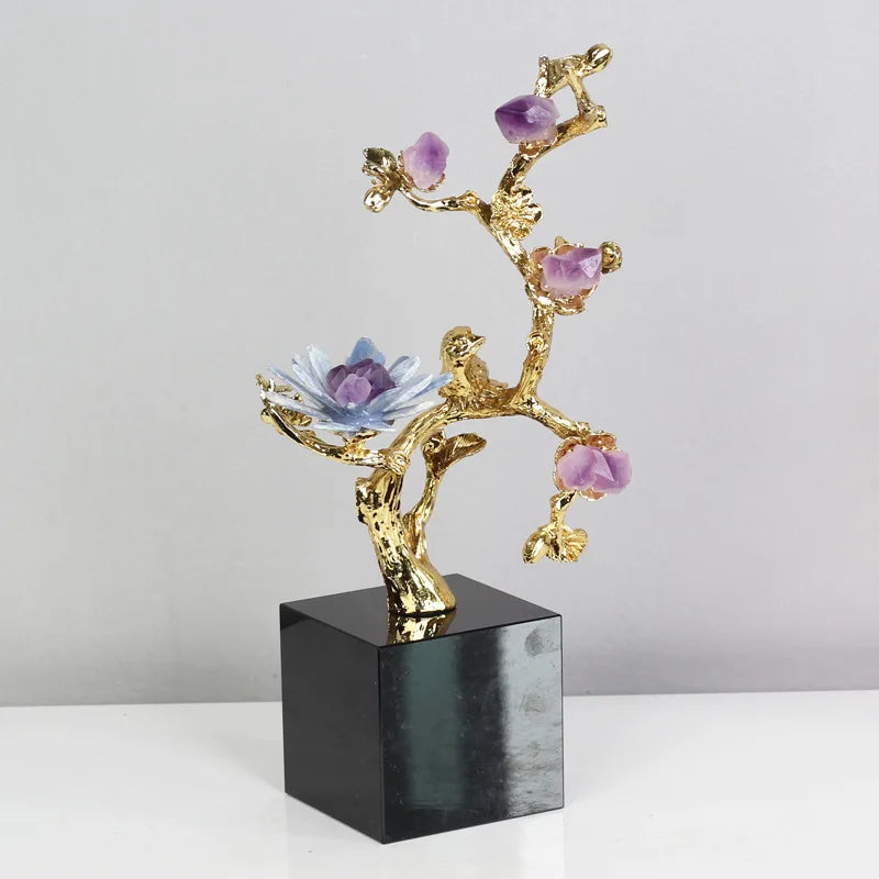 DecorBites™ Golden Tree Crystal Flower Brass Amethyst Decor with Golden Bird Figurines