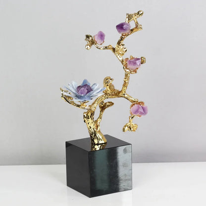 DecorBites™ Golden Tree Crystal Flower Brass Amethyst Decor with Golden Bird Figurines