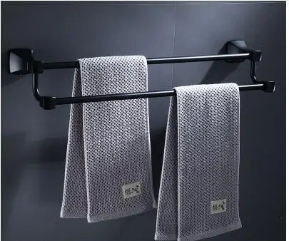 مجموعة أدوات الحمام المصنوعة من الألومنيوم الأسود من DecorBites™: حامل مناشف، حامل ورق، رف زاوية، رف مناشف، حامل فرشاة المرحاض