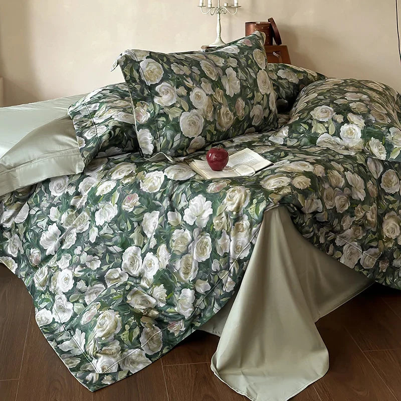 Decobites 1000TC Egyptian Cotton Floral Bedding Set: Duvet Cover, Flat/Fitted Sheet, Pillowcase