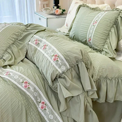 Decobites Romantic Lace Bubble Gauze Queen Bedding Set - Elegant Princess Style emb. Duvet Cover Set