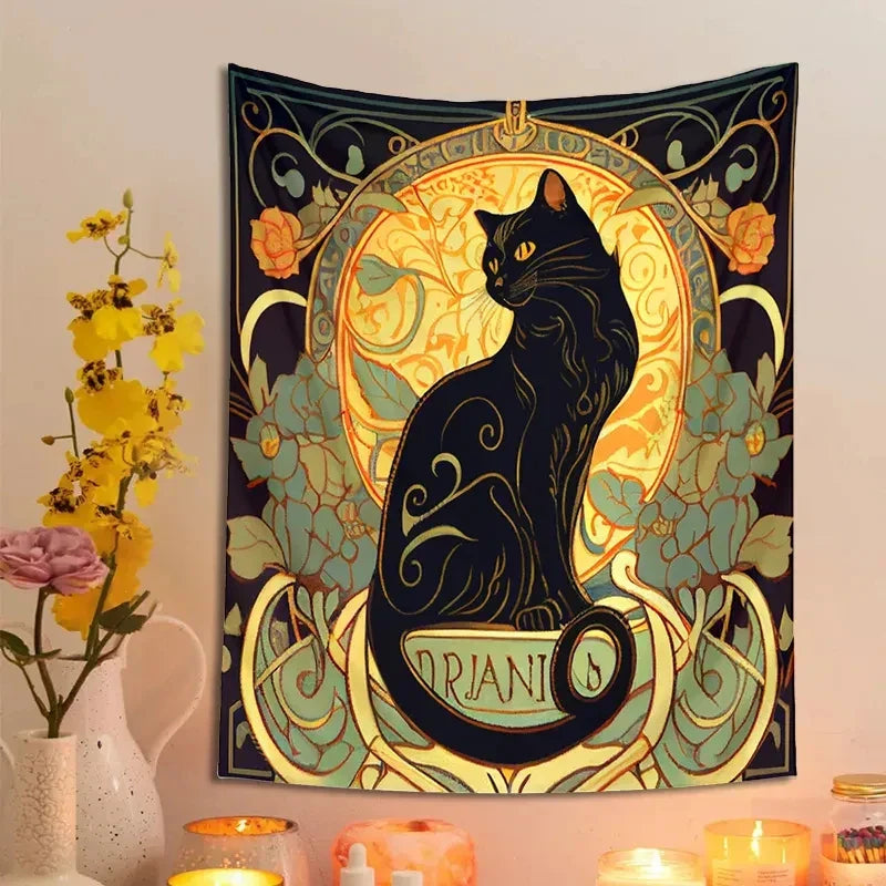 Decobites Black Cat Tapestry Wall Hanging - Psychedelic Floral Art for Cat Lovers