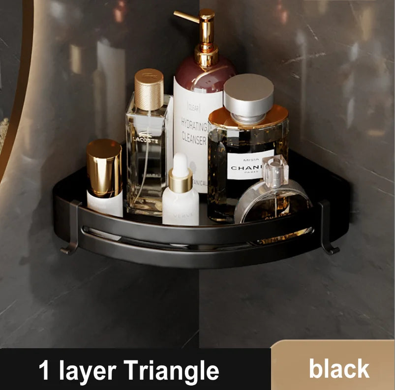 Estante de Esquina para Baño Decorbites™ Gold: Perchero de Almacenamiento Triangular Montado en la Pared para Artículos de Aseo
