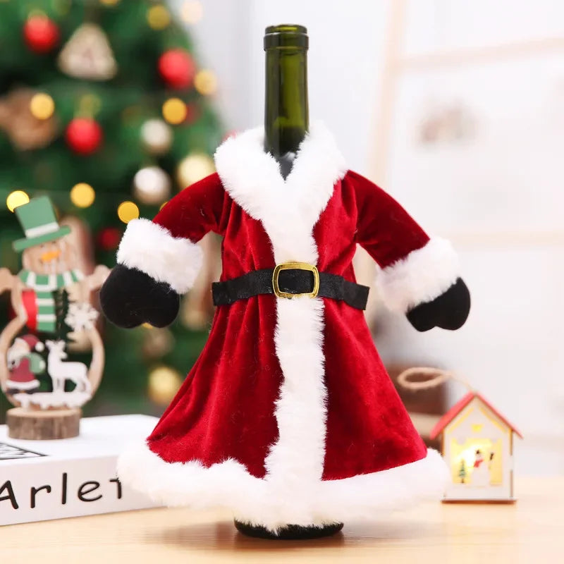 Creative Christmas Wine Bottle Set Golden Velvet Dress Wine Bottle Covers Sleeve Santa Snowman Xmas New Year Dinner Table Decor