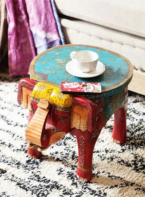 DecorBites™ Handmade Elephant Stool: Thai Style Ethnic Wood Low Stool Ornament