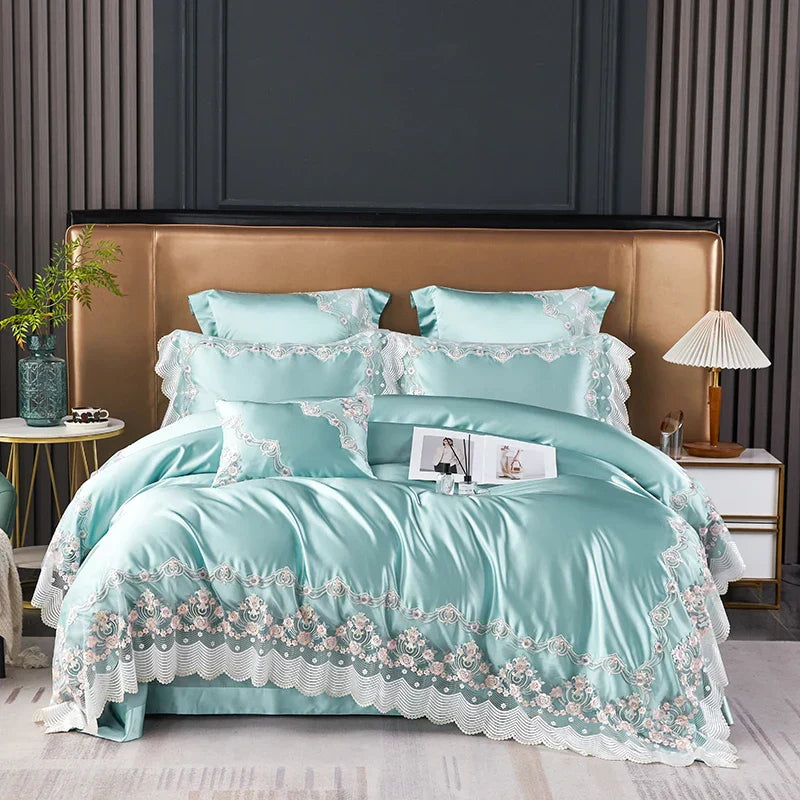Conjunto de Ropa de Cama de Boda Francesa de Lujo de Encaje de Seda y Algodón Decorbites™ para Dormitorios de Princesa Chic