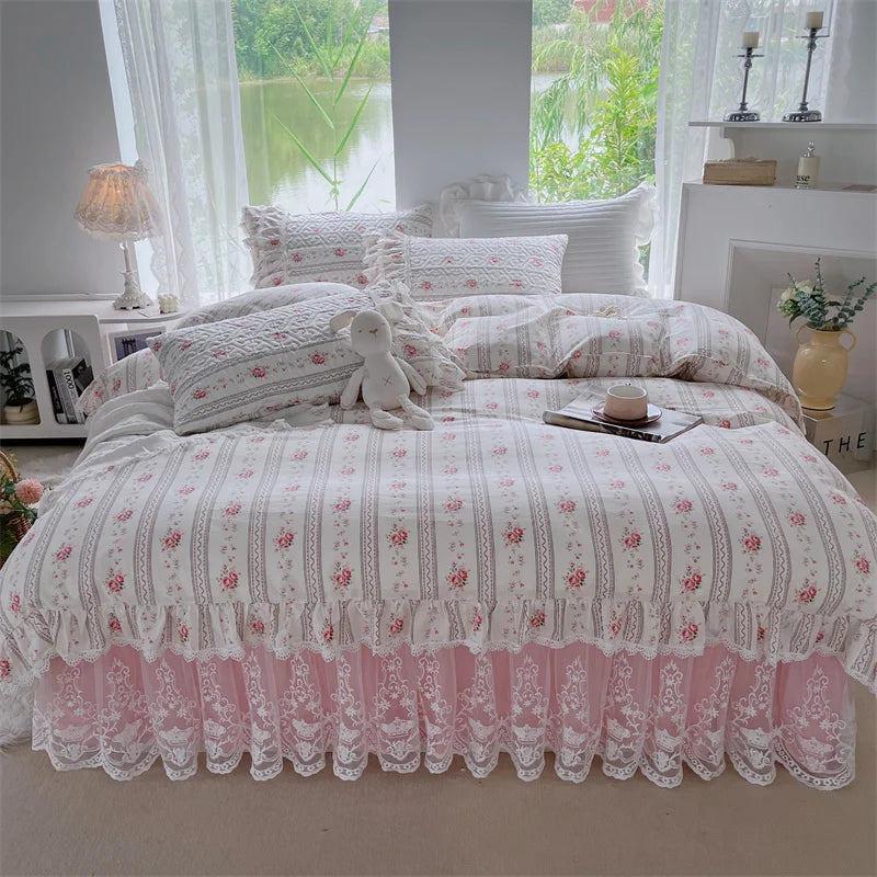 Decobites French Floral Print Bedding Set: Duvet Cover, Lace Ruffles, Quilted Embroidery, Pillowcases