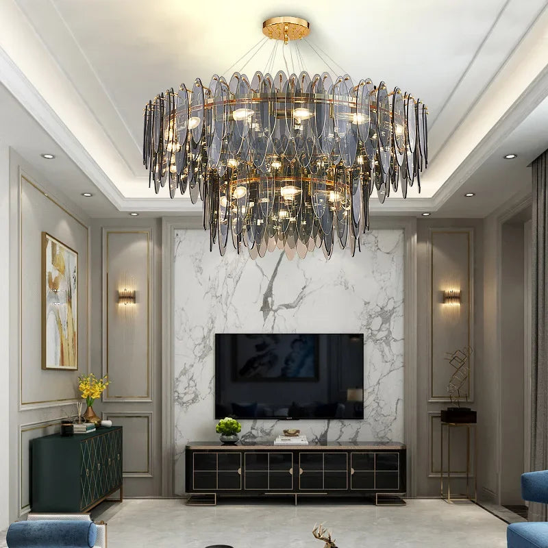 Gold Glass Pendant Chandelier 2-Tier 100cm