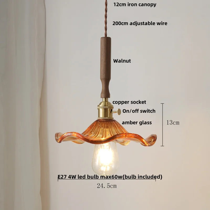 Amber Glass Pendant Light Walnut Accent Bar Style