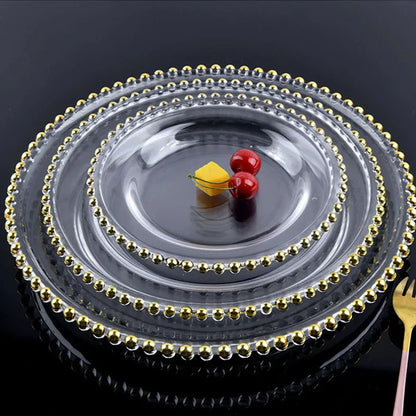 DecorBites™ Gold Beads Glass Plate, Large Round Fruit Plate for Stylish Dining