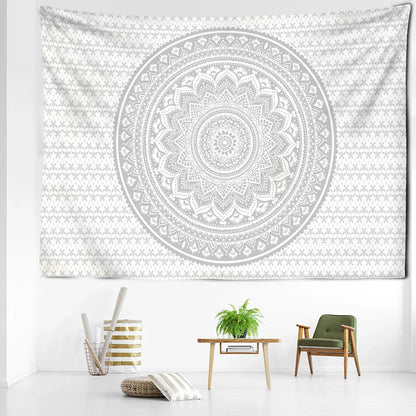 Tapiz de pared DecorBites™ Mandala gris, arte psicodélico hippie para una decoración estética del hogar.