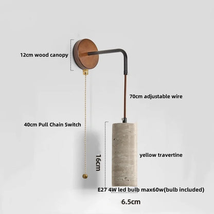 Lámpara de pared LED DecorBites™ con interruptor de cadena, estilo nórdico moderno, acabado en madera, con espejo de travertino amarillo.