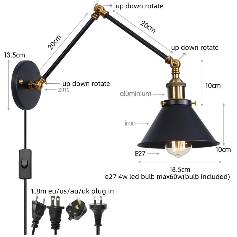DecorBites™ Gold Long Arm LED Wall Sconce with Pull Chain Switch, Adjustable Industrial Bedside Lamp