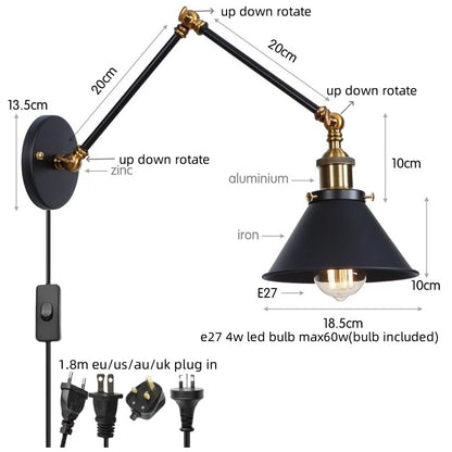 DecorBites™ Gold Long Arm LED Wall Sconce with Pull Chain Switch, Adjustable Industrial Bedside Lamp