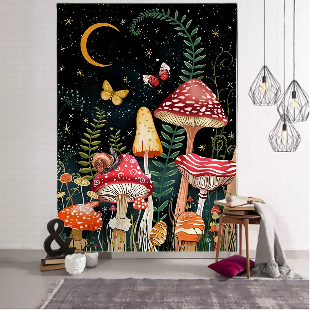 Decobites Snail Mushroom Tapestry | Starry Sky Hippie Wall Hanging for Aesthetic Room Decor