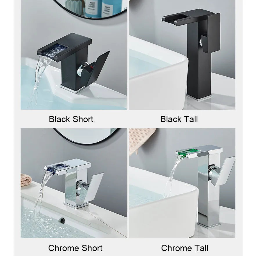 Grifo de Lavabo en Cascada LED Negro Decorbites™: Montado en Cubierta Mezclador Hidroeléctrico