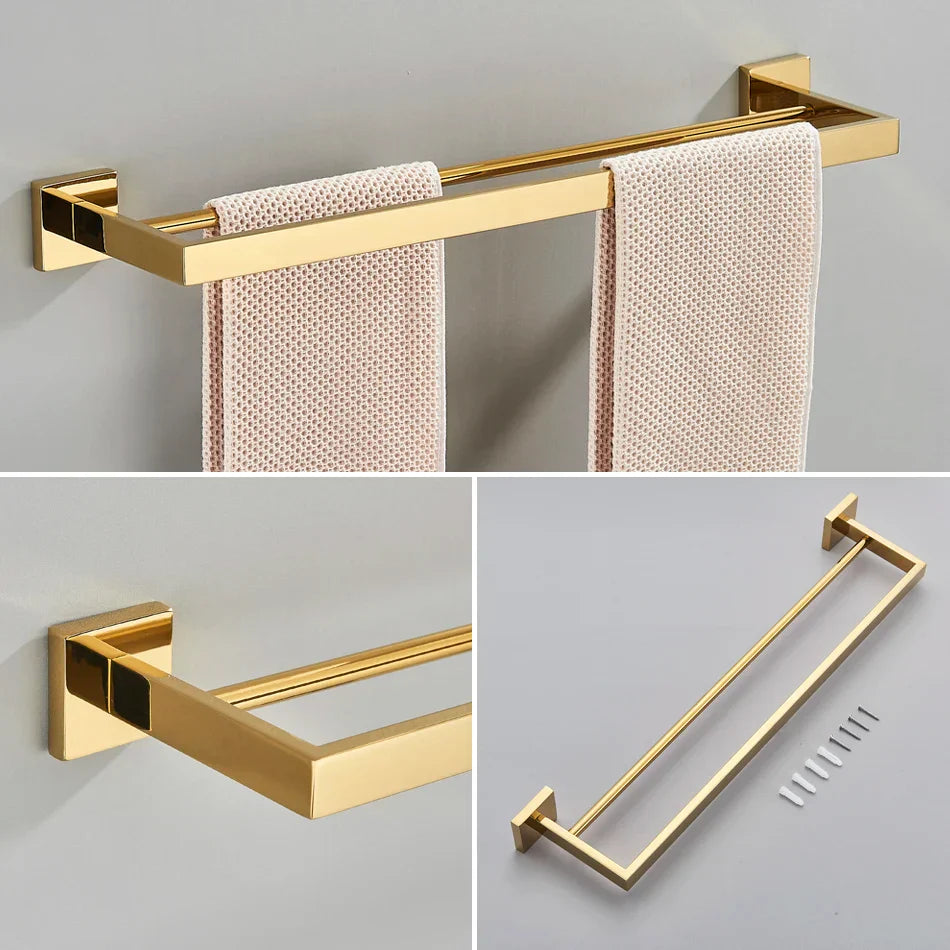 DecorBites™ Gold Bathroom Hardware Set: Hook, Towel Rail, Bar, Shelf, Tissue Holder & More