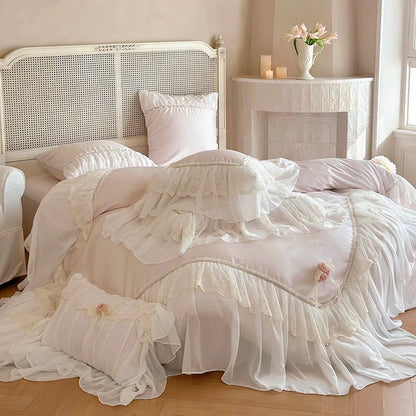 Decobites Luxe Pink Lace Ruffles Wedding Bedding Set 4Pcs