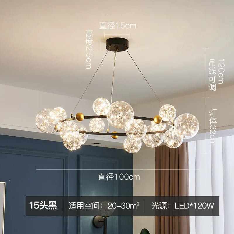 DecorBites™ Golden Ring Glass Ball Chandelier with Remote Control for Living Dining Room