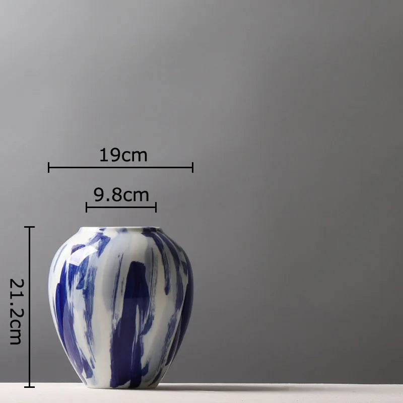 DecorBites™ Blue & White Porcelain Vase: Ink Style Flowers, Aesthetic Room Decor