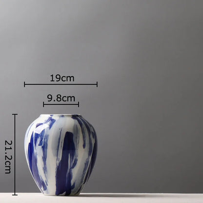 DecorBites™ Blue & White Porcelain Vase: Ink Style Flowers, Aesthetic Room Decor