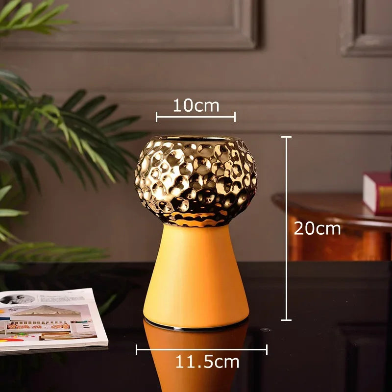Jarrón de cerámica con patrón de martillo dorado Decorbites™: Maceta creativa para decoración de mesa y arreglo floral