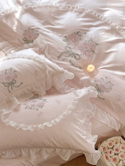 Decobites Pink Rose Embroidered Lace Ruffles Bedding Set for Girls